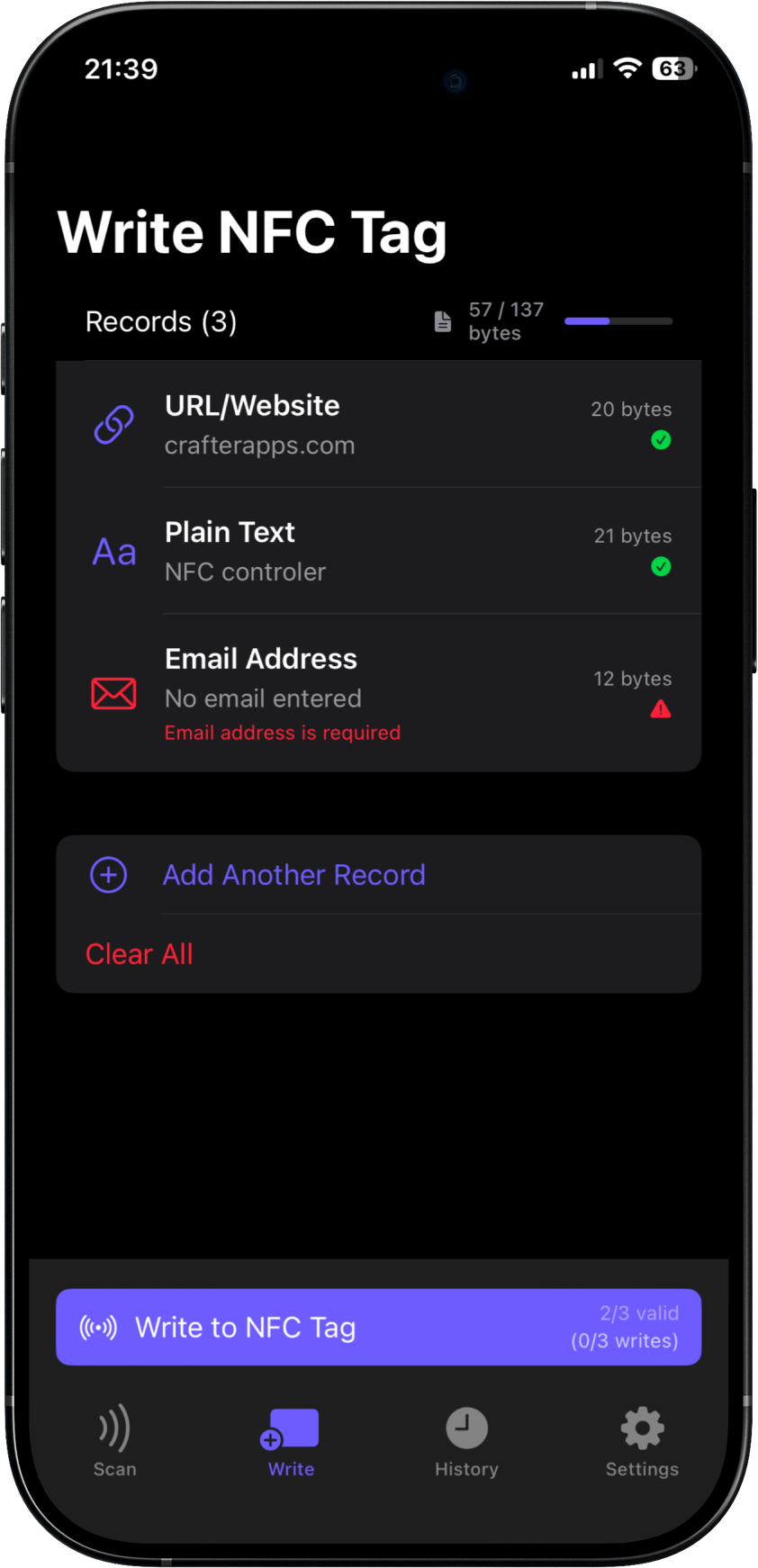 Smart NFC Write screen showing URL, text and email records with live byte estimation